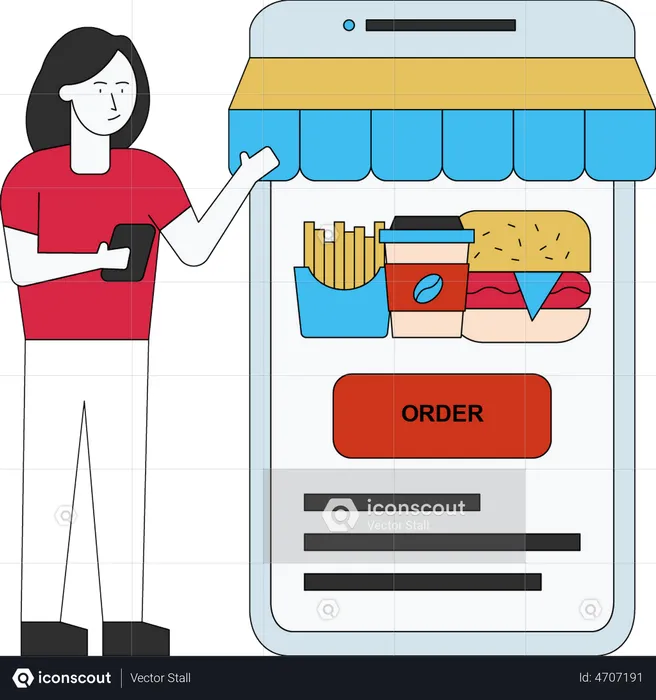 Woman is online ordering the food  Illustration