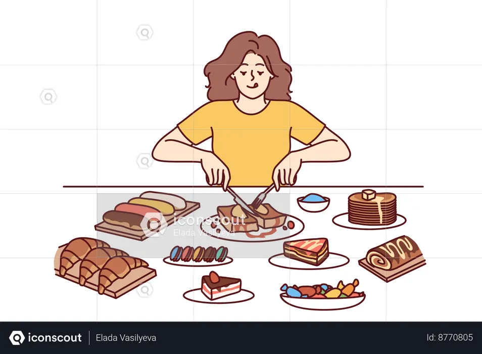 Woman is overeating dessert  Illustration