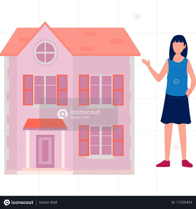 Woman is pointing church building  Illustration