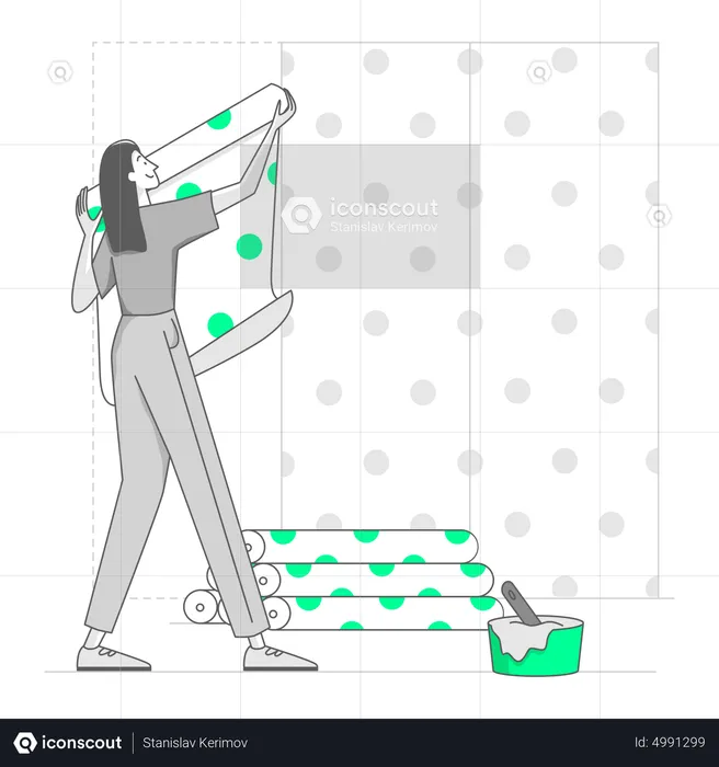 Woman is putting up new wallpaper in a room  Illustration