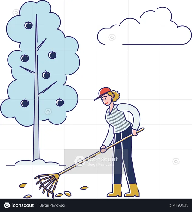 Woman Is Raking Leaves in Garden  Illustration