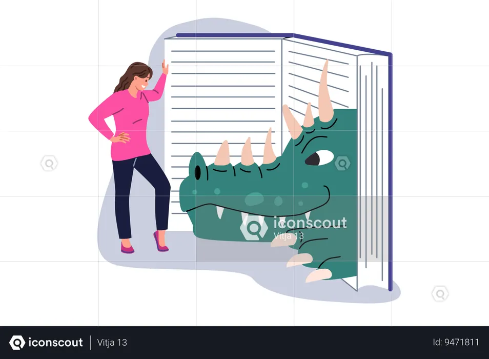 Woman is reading book about zoology and reptiles standing near encyclopedia with dinosaur head  Illustration