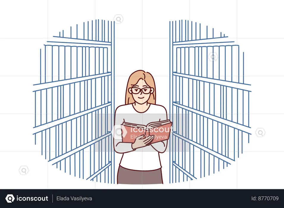 Woman is reading book in library  Illustration