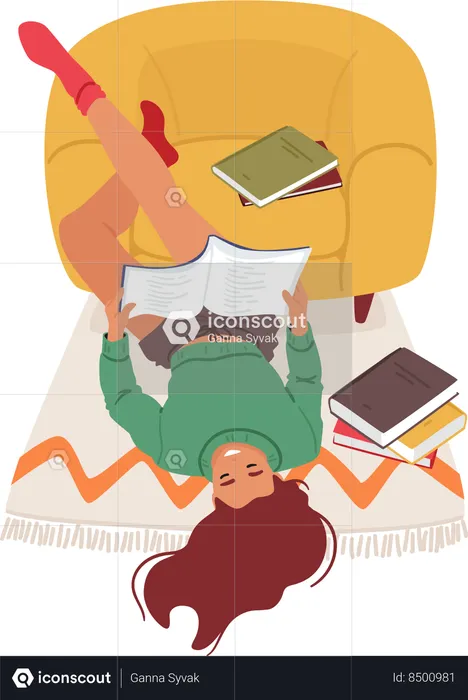 Woman is reading book while relaxing on sofa  Illustration