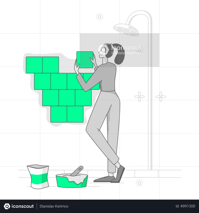 Woman is renovating her bathroom tile  Illustration