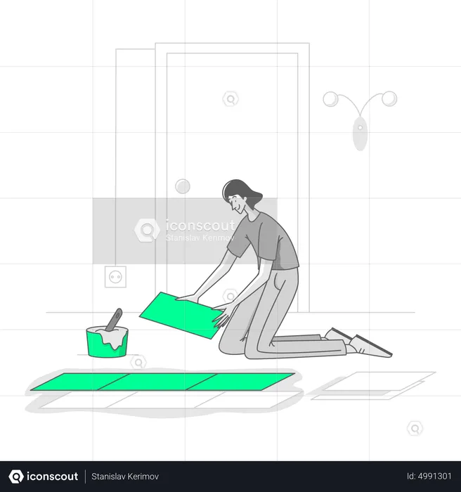 Woman is renovating the tiles on the floor  Illustration