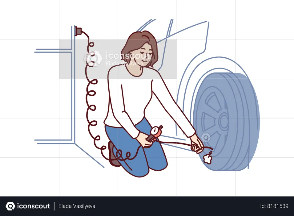 Woman is repairing car wheel  Illustration