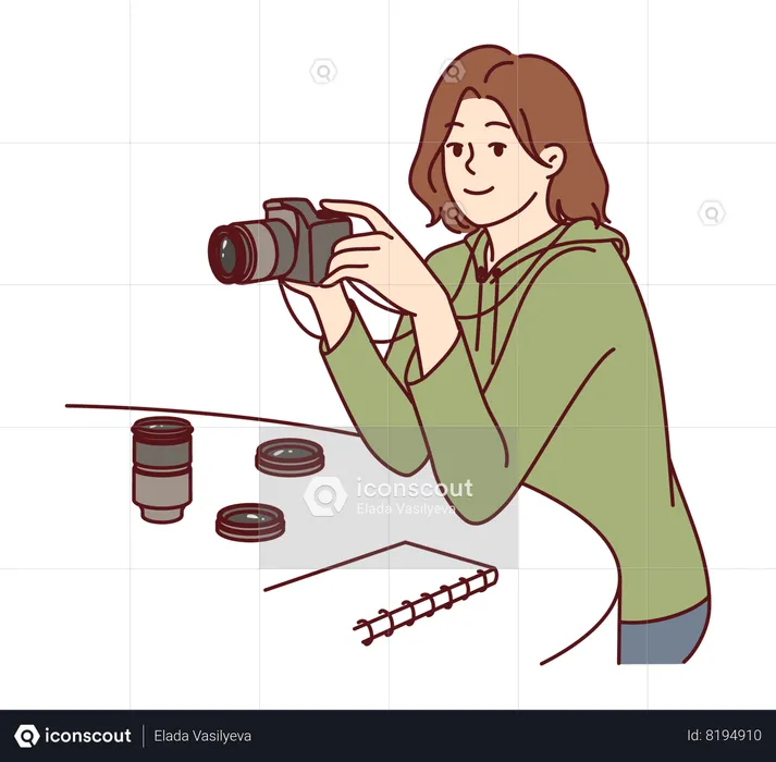 Woman is seeing her photos in camera  Illustration
