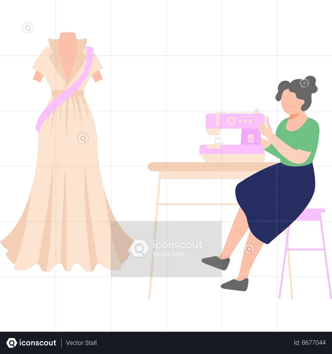 Woman is sewing a dress on a machine  Illustration