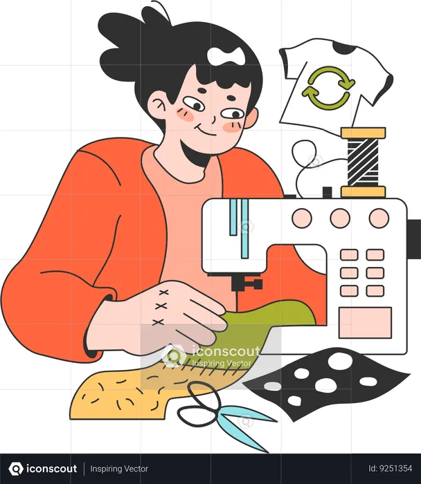 Woman is sewing recycled shirt  Illustration