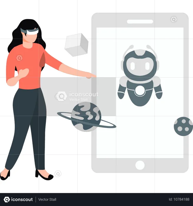 Woman is showing AI robot on mobile  Illustration