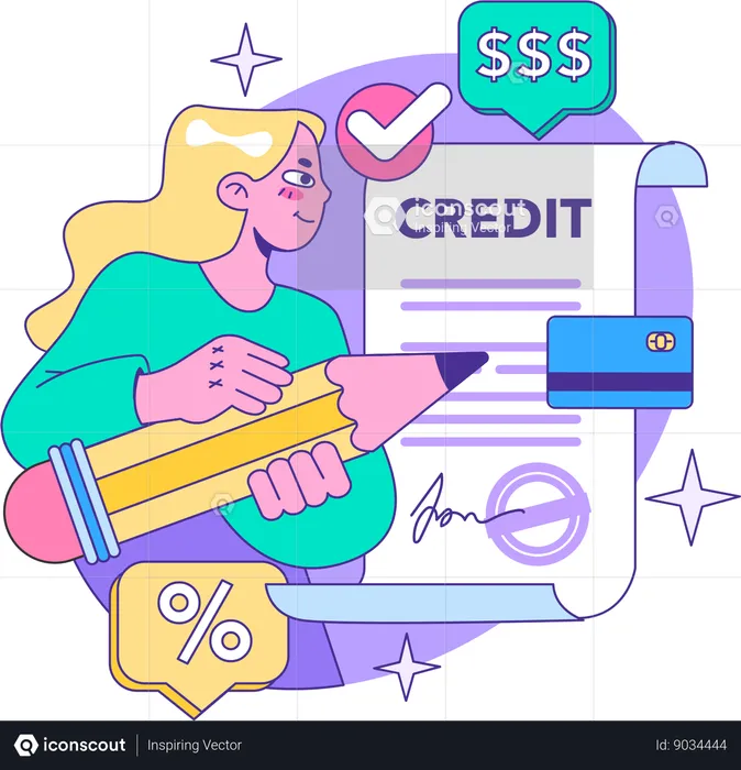 Woman is signing credit contract  Illustration
