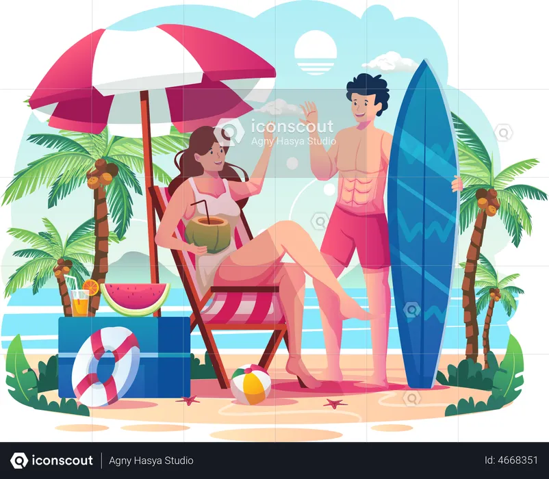 Woman is sitting on a beach chair greeting the man with a surfboard  Illustration