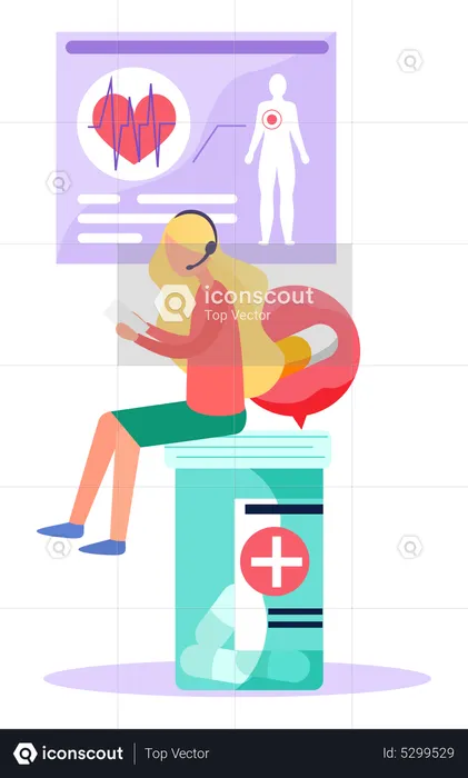 Woman is sitting on container with pills  Illustration