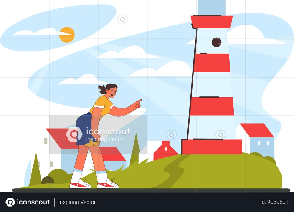 Woman is standing near lighthouse  Illustration