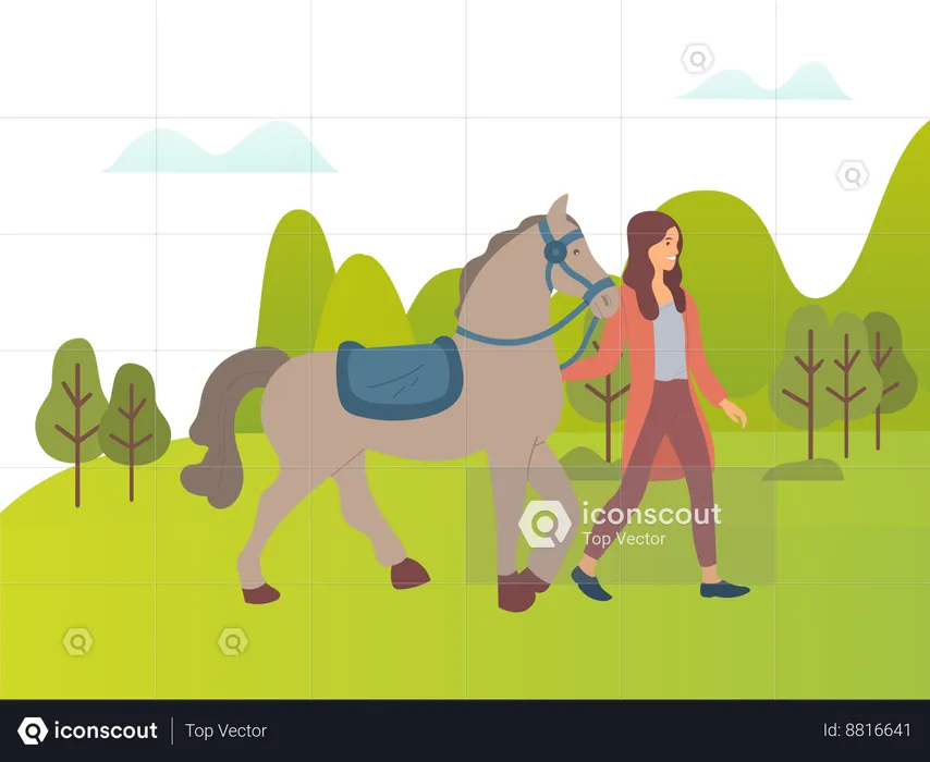 Woman is taking her horse on walk  Illustration