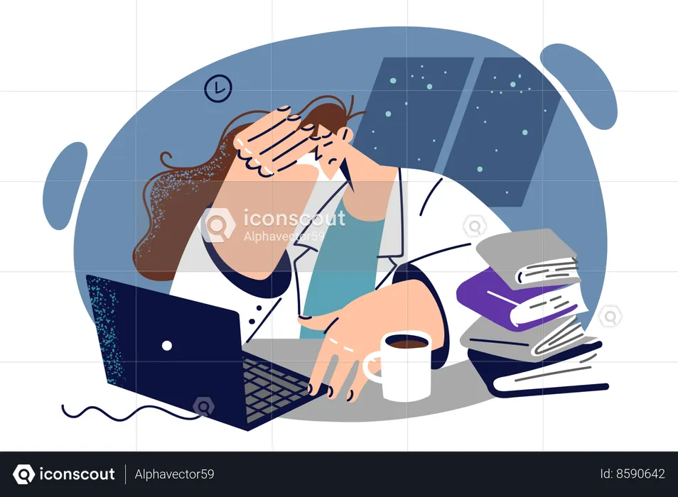 Woman is tired while completing her projects  Illustration