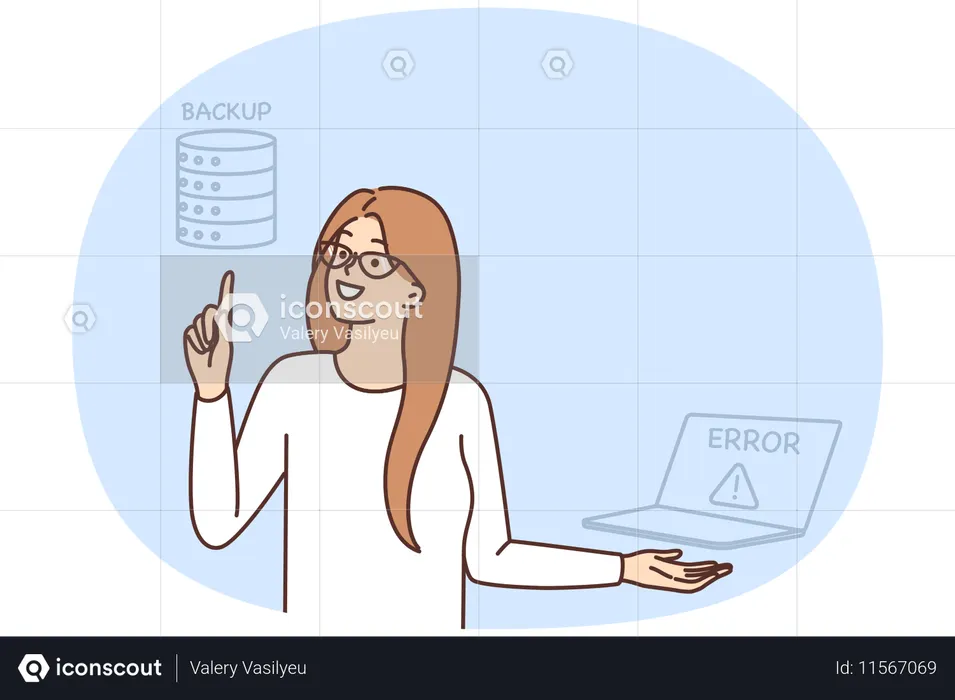 Woman IT specialist wants to recover lost files from backup after laptop crash  Illustration