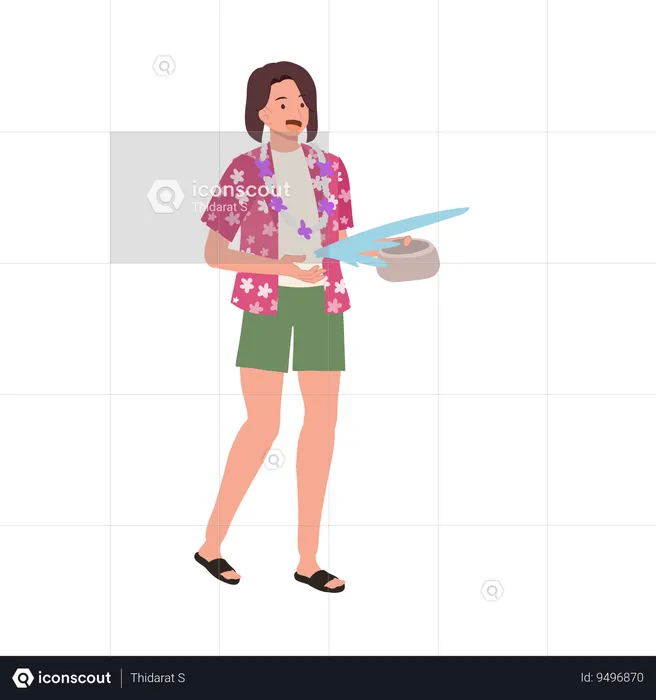 Woman Joyfully Splashing Water during Songkarn  Illustration