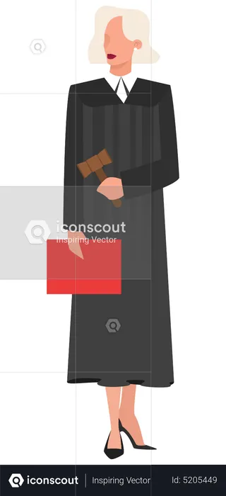 Woman judge wearing traditional black robe holding a folder with the case  Illustration