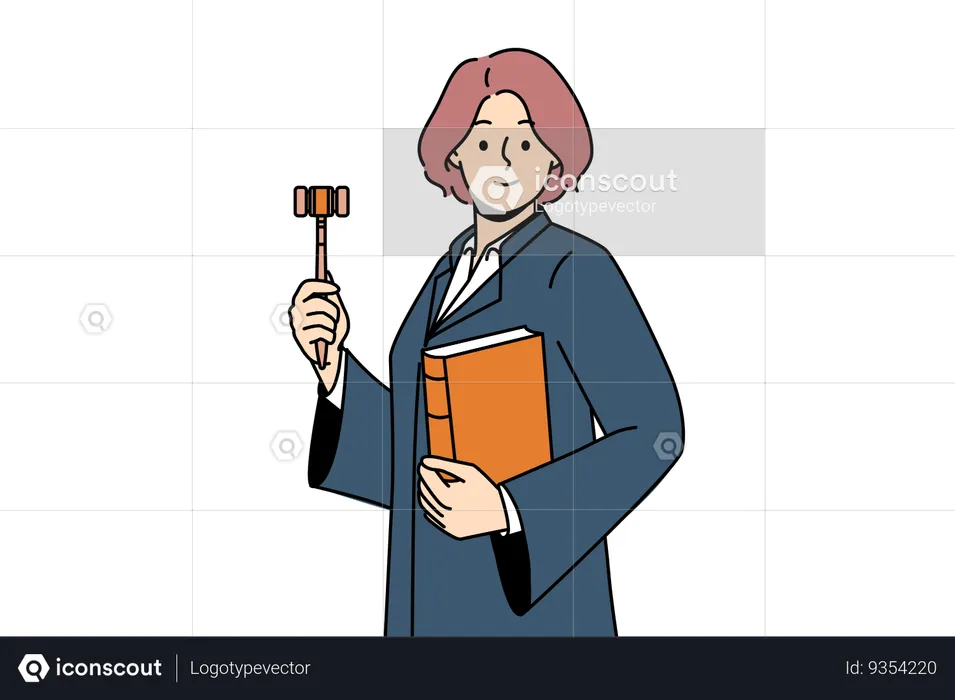 Woman judge with wooden claw and constitution in hands ready to announce fair legal decision  Illustration