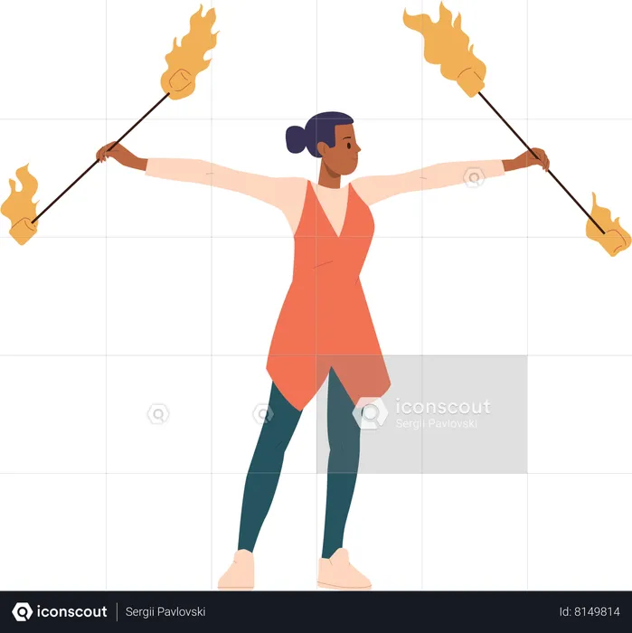 Woman juggler performing with dangerous tricks with burning torch entertaining fire show  Illustration