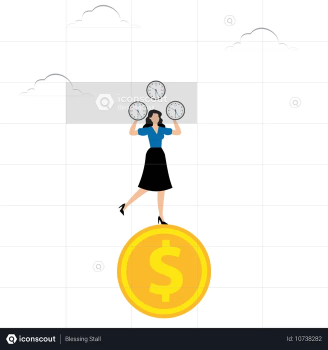 Woman Juggles Clock While Standing On Coin  Illustration