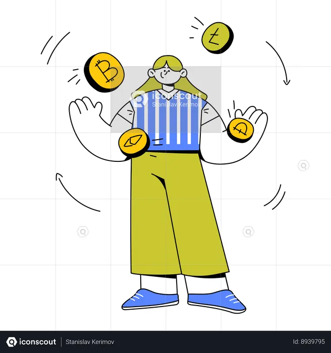 Woman Juggling Various Crypto Tokens  Illustration