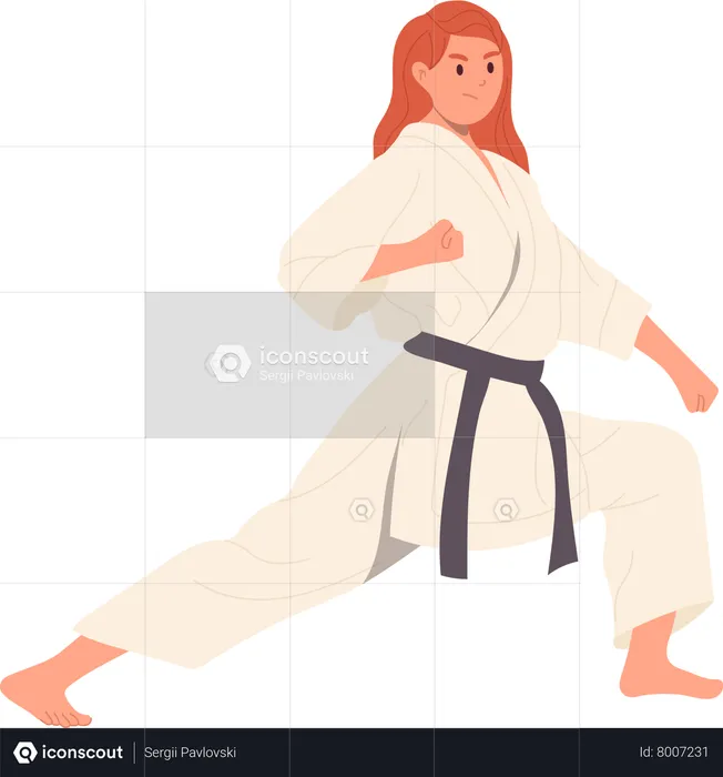 Woman karate master wearing kimono practicing combat technique  Illustration