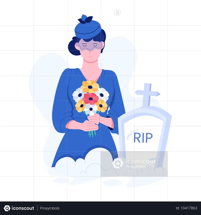 Woman keep flowers on gravestone  Illustration