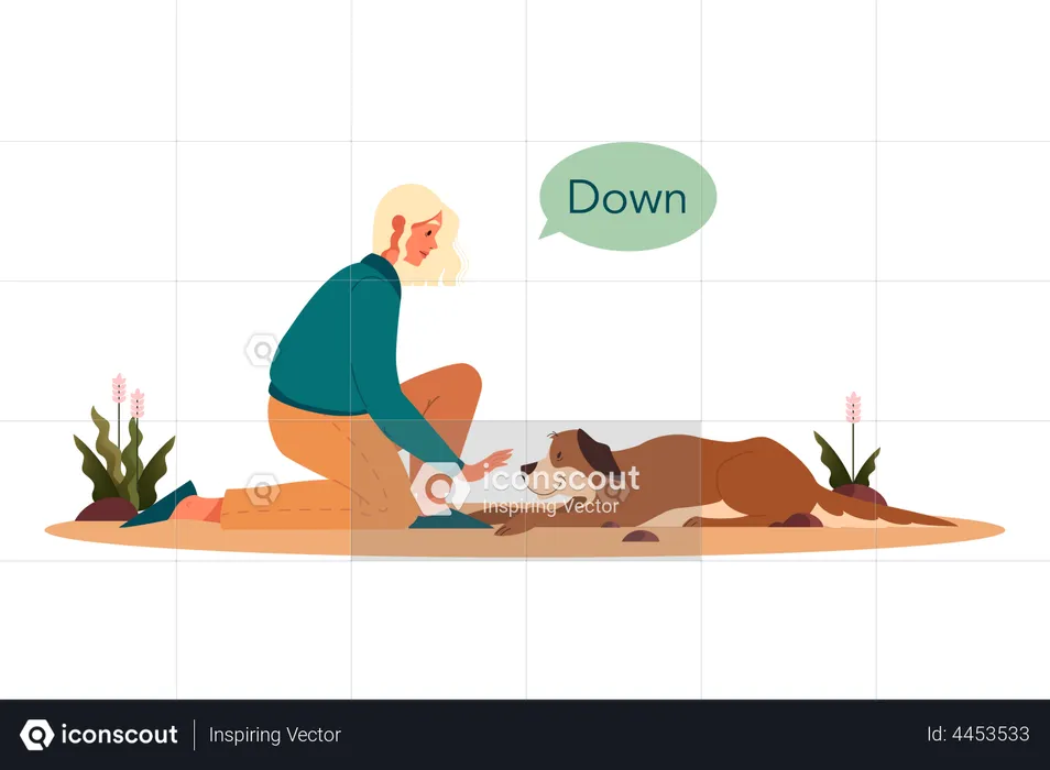 Woman keeping dog down using command  Illustration