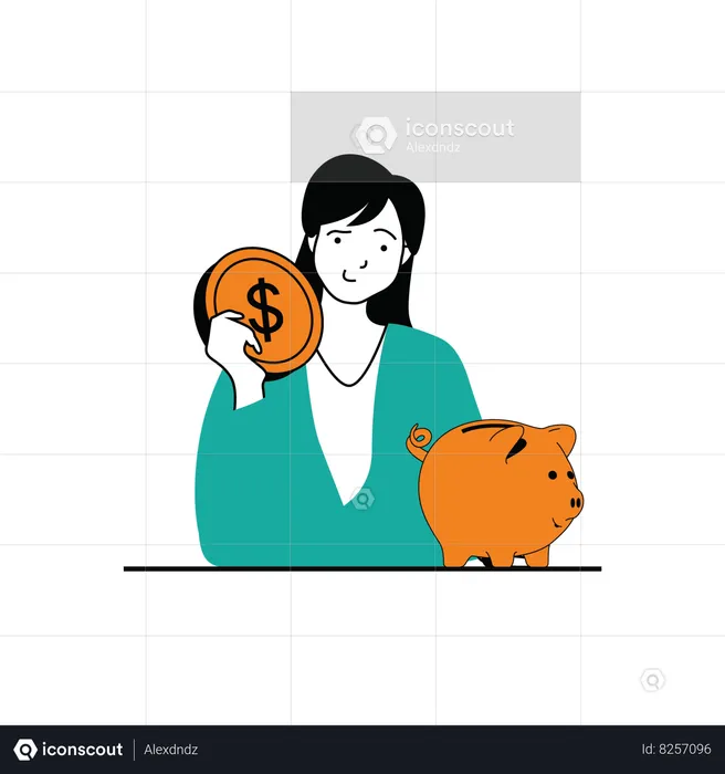 Woman keeping her money in piggy bank for saving  Illustration