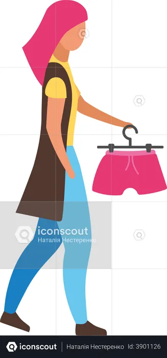Woman keeps hanger with shorts  Illustration