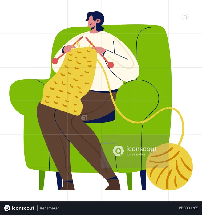 Woman Knitting at home  Illustration