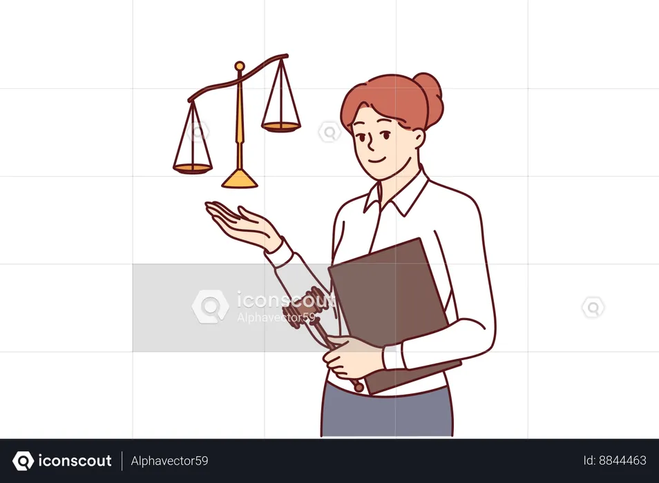 Woman lawyer working in law office holds gavel and scales symbolizing justice or jurisprudence  Illustration