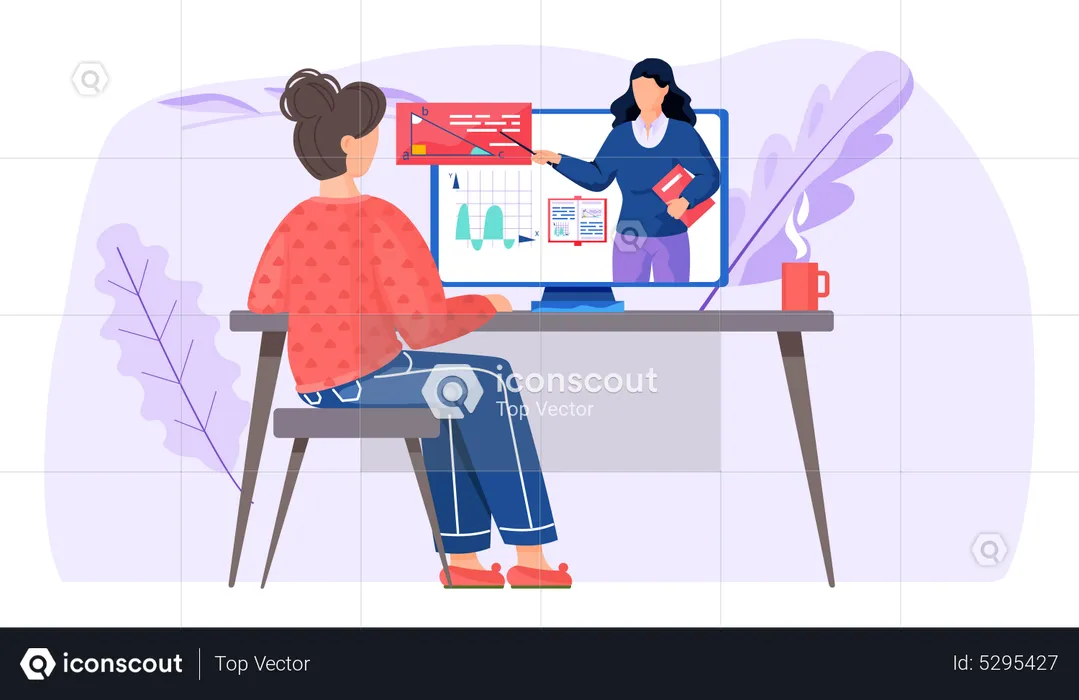 Woman learning about geometry lesson online  Illustration