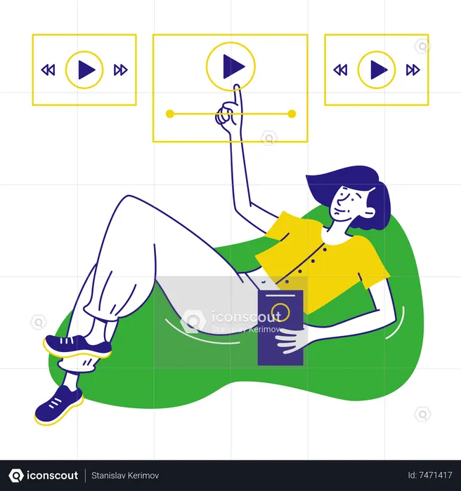 Woman lies down and chooses podcast  Illustration