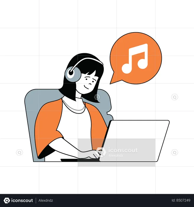 Woman listening music on laptop  Illustration