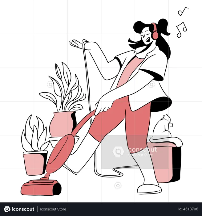 Woman listening songs while vacuuming floor  Illustration