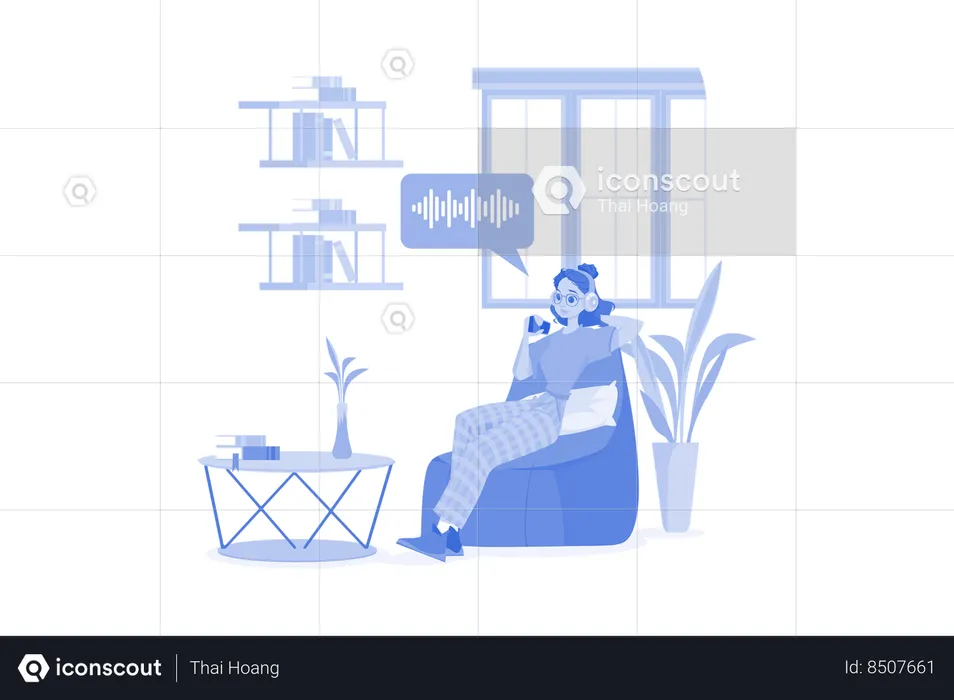 Woman listening to a podcast while sitting on beanbag  Illustration