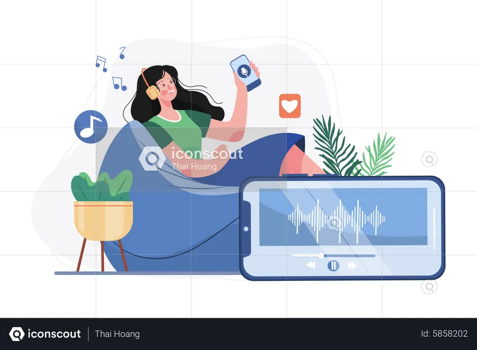 Woman listening to a podcast while sitting on beanbag  Illustration