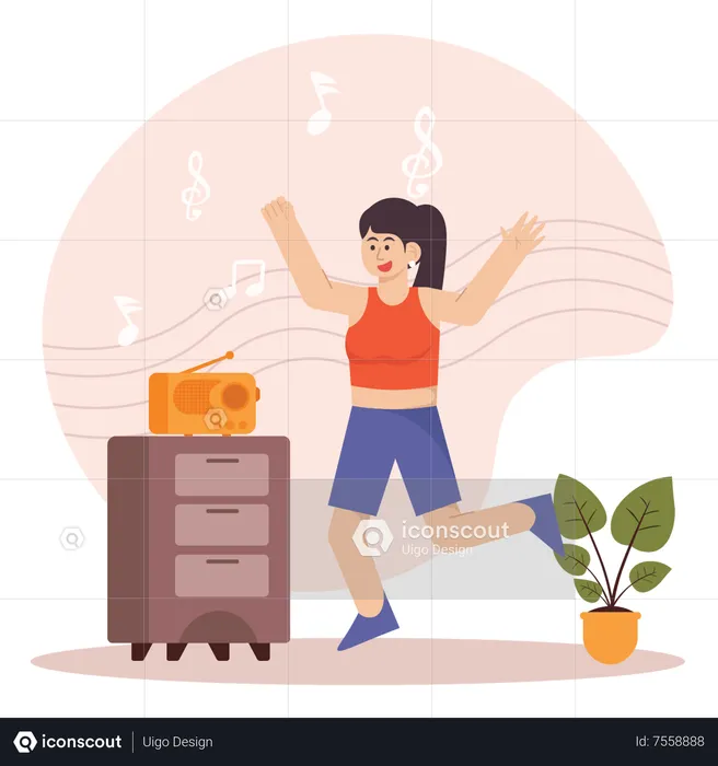Woman Listening to Music On The Radio While Dancing  Illustration