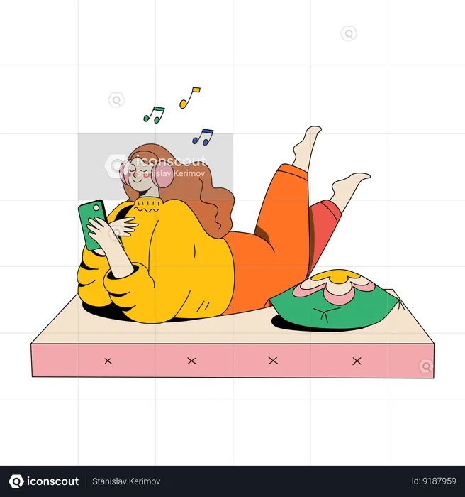 Woman Listening To Music On The Roof  Illustration
