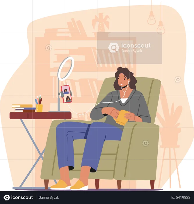 Woman listening to online radio show while sitting on couch at home  Illustration