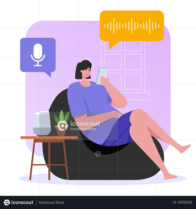 Woman listening to podcast while sitting on beanbag  Illustration