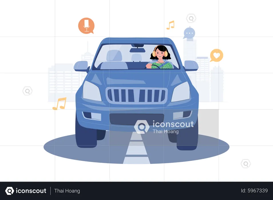 Woman listening to the podcast while driving  Illustration