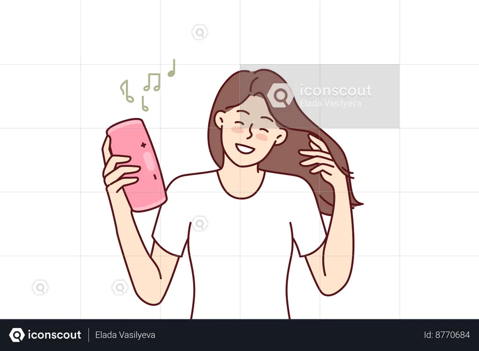 Woman listens songs on portable device  Illustration