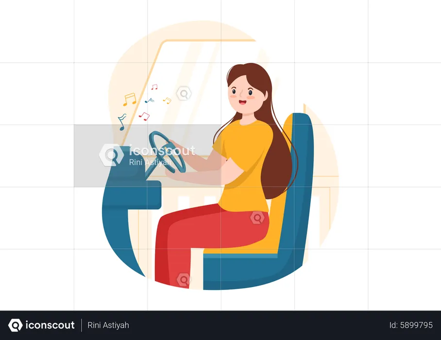 Woman listing music while driving  Illustration
