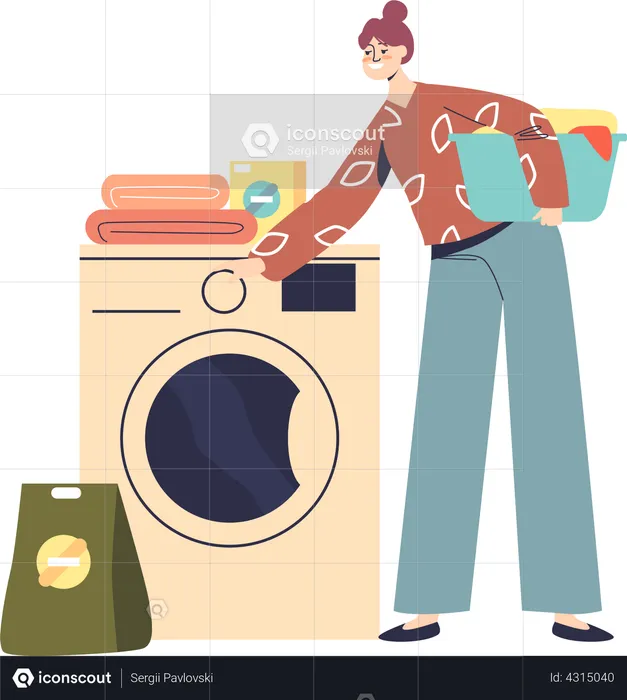 Woman loading wash machine to clean clothes  Illustration