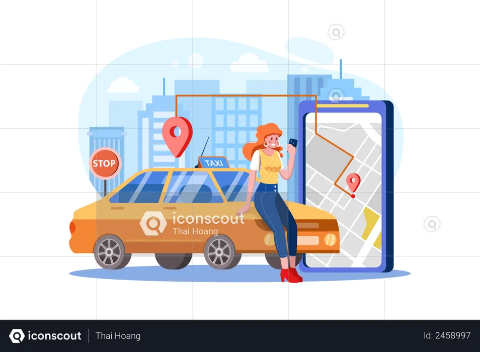 Woman Locating taxi route from digital map  Illustration
